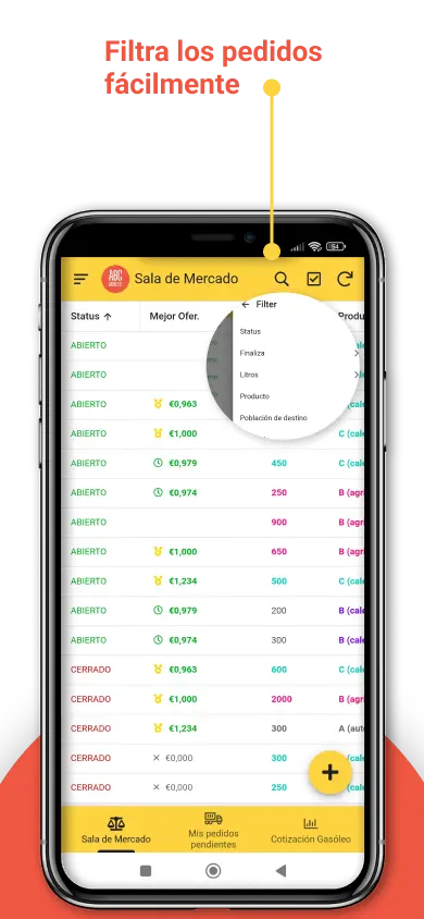 Vista de la sala de mercado de la app ABC Gasoleos, donde se puede solicitar precio de gasoil de calefacción en tiempo real