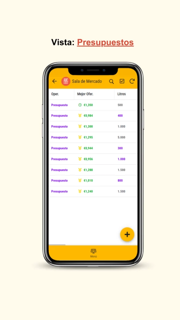 Vista de presupuestos de gasoil en app ABC Gasóleos